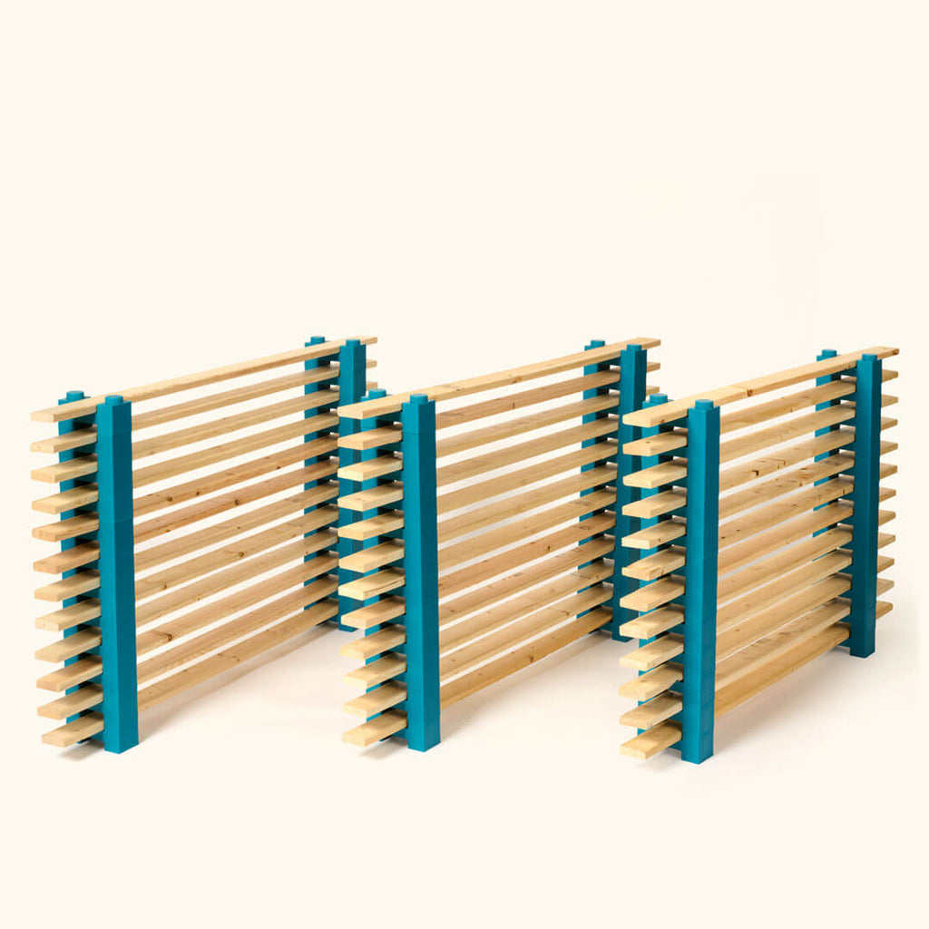 Crew 72 modular drying rack system with multiple levels and wooden slats for efficient drying.