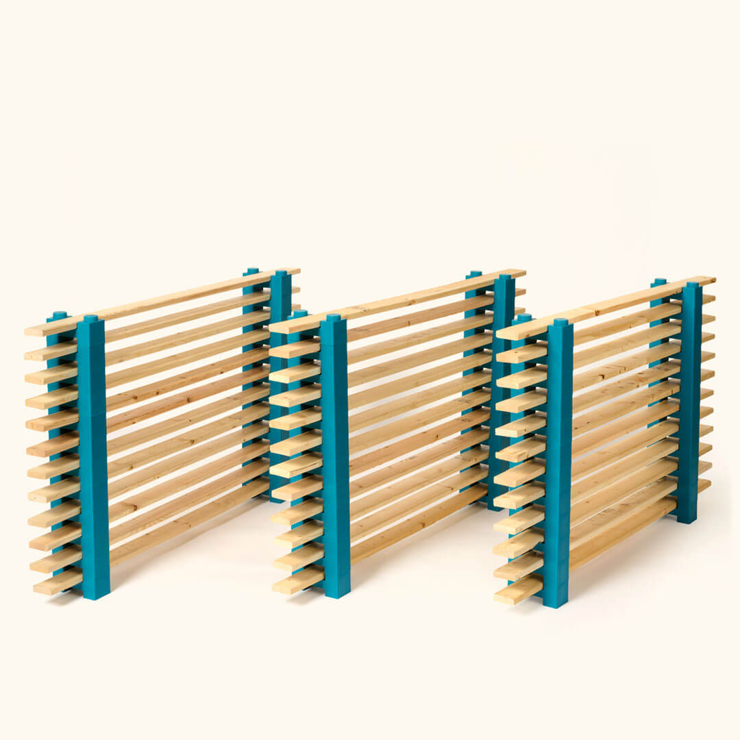 Crew 72 modular drying rack system with multiple levels and wooden slats for efficient drying.