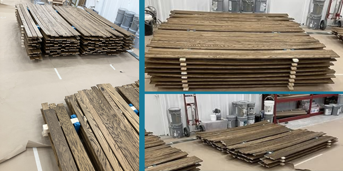 Stained 1x4 and 1x6 oak trim, 26 boards a layer and eight layers high, on PaintBlox Pro supports