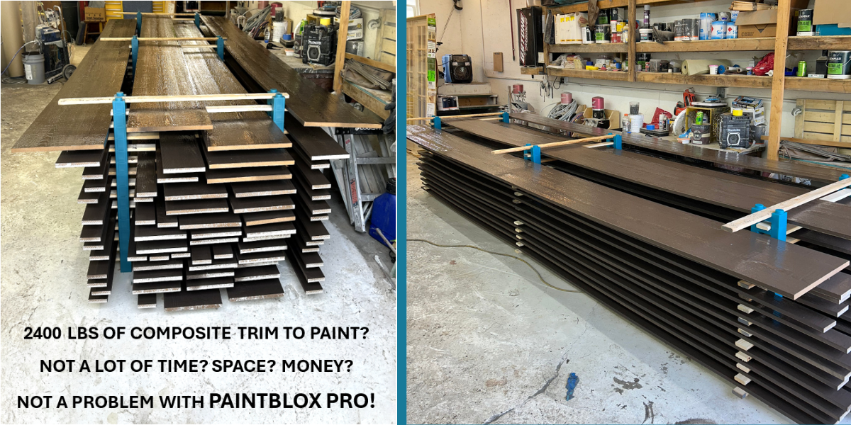 2,400 lbs of composite salt shed trim drying in 96 square feet on PaintBlox Pro supports