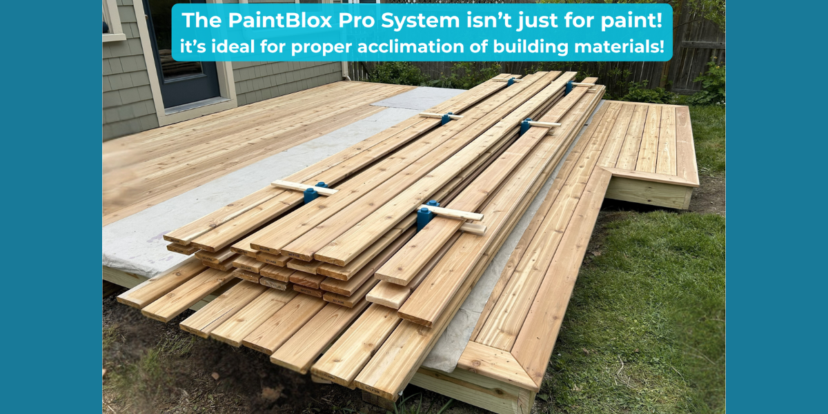 20 and 24 ft 5/4 cedar decking acclimating on PaintBlox Pro supports beside the deck