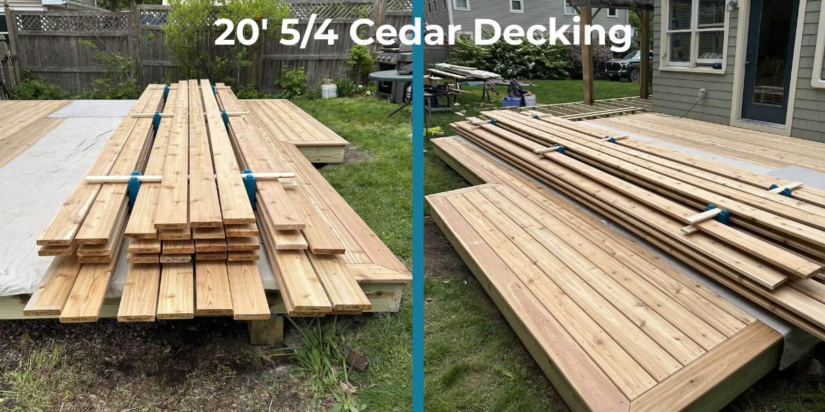 Mixed 20 and 24 ft 5/4 cedar decking acclimating in one stack on PaintBlox Pro supports
