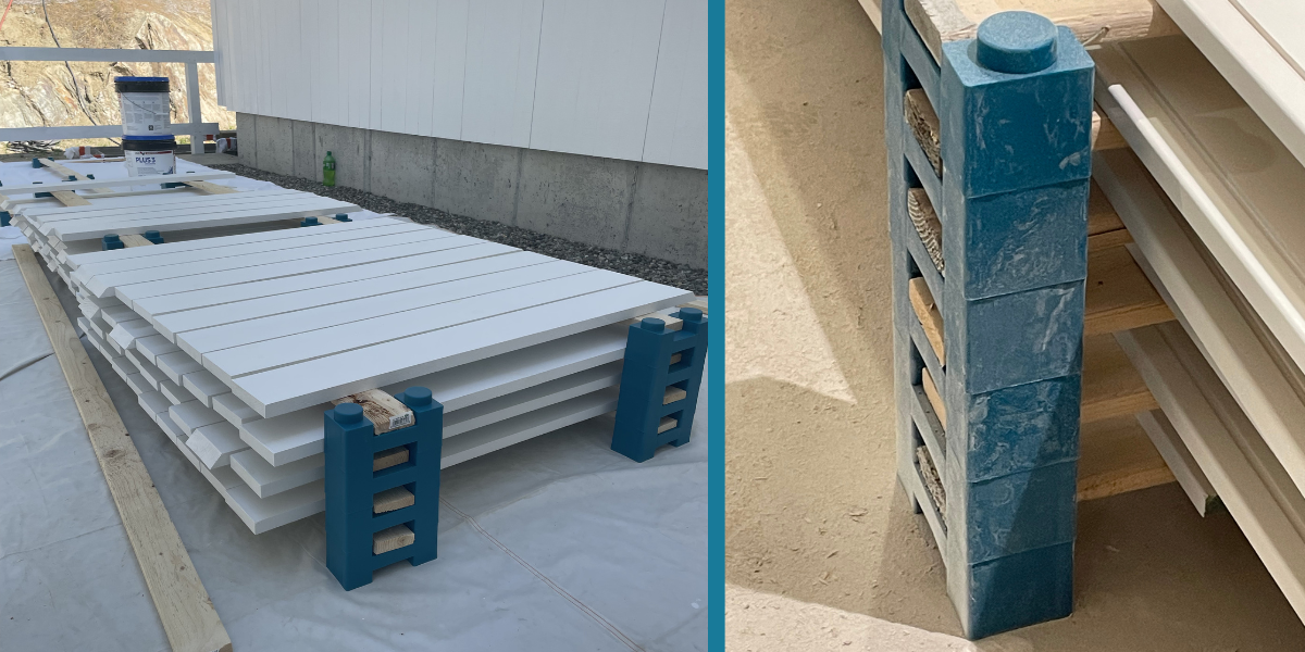 5/4 trim on long strapping with a centre row of supports, and a close-up of interlocking PaintBlox Pro supports