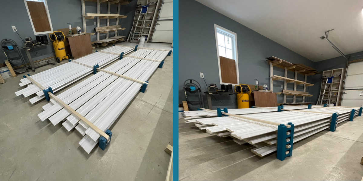 16 ft crown molding in one wide stack on 8 ft strapping with a shared centre PaintBlox Pro support