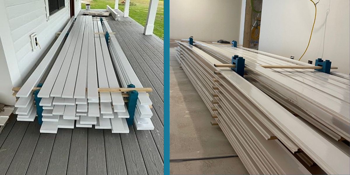 Finished painted trim drying on PaintBlox Pro supports on a porch and inside a house