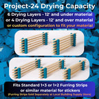 Project 24 drying capacity: 6 drying layers for material 12 ft and under, or 4 drying layers for material 12 ft and over, or a custom configuration. Furring strips sold separately.