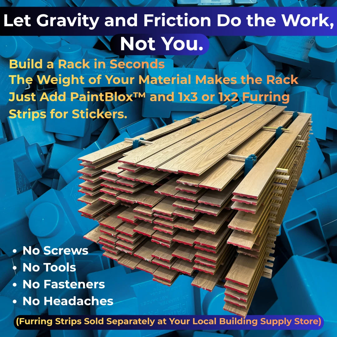 Let gravity and friction do the work, not you. Build a rack in seconds: just add PaintBlox and 1x3 or 1x2 furring strips for stickers (sold separately). No screws, no tools, no fasteners.