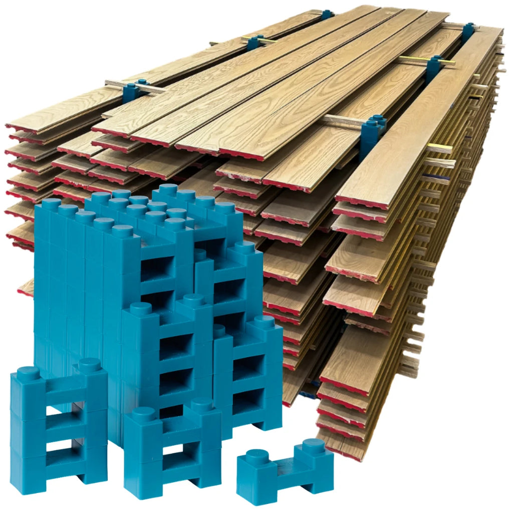 Crew 72 paint drying rack: stained boards stacked on PaintBlox Pro Blox with furring strips as stickers