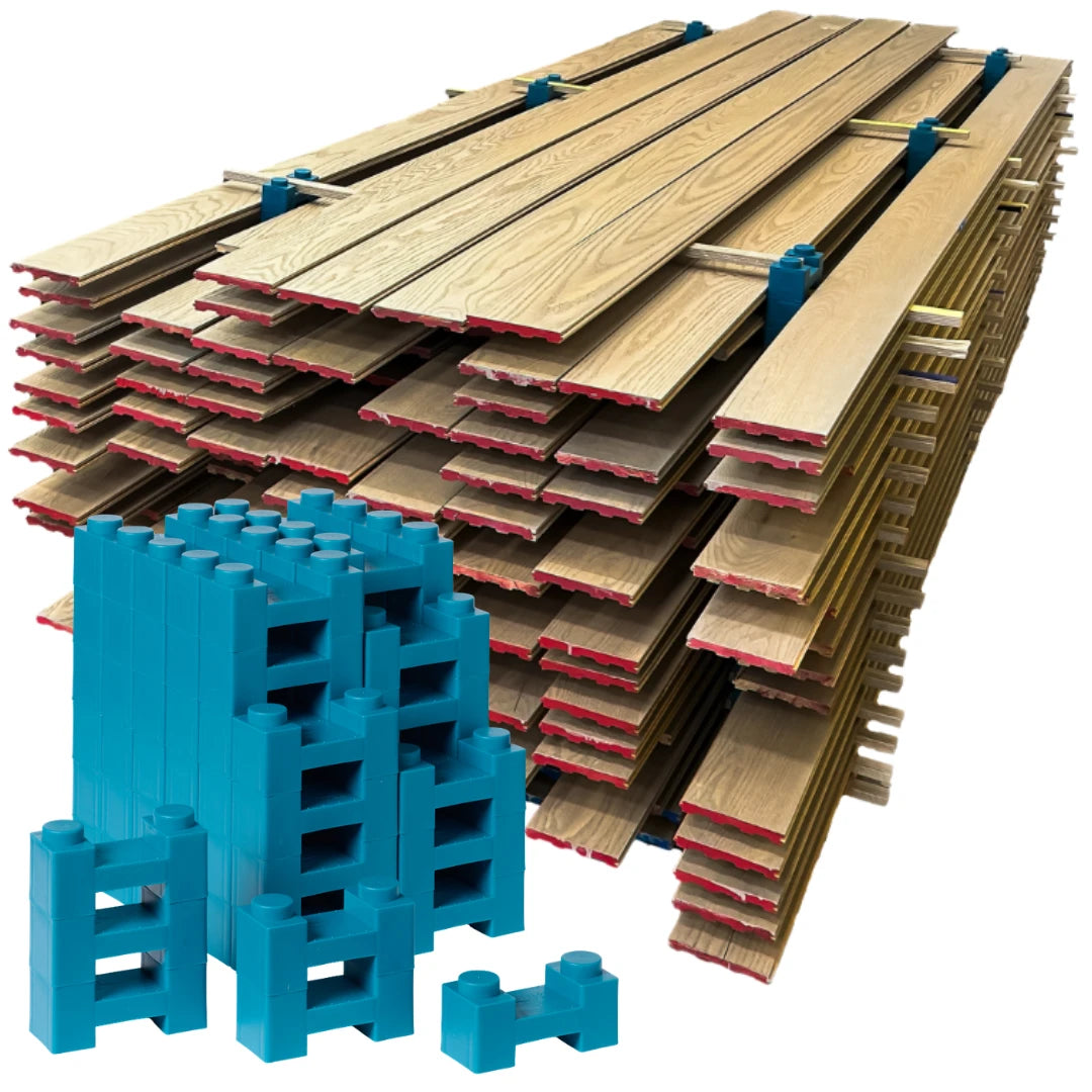 Crew 72 paint drying rack: stained boards stacked on PaintBlox Pro Blox with furring strips as stickers