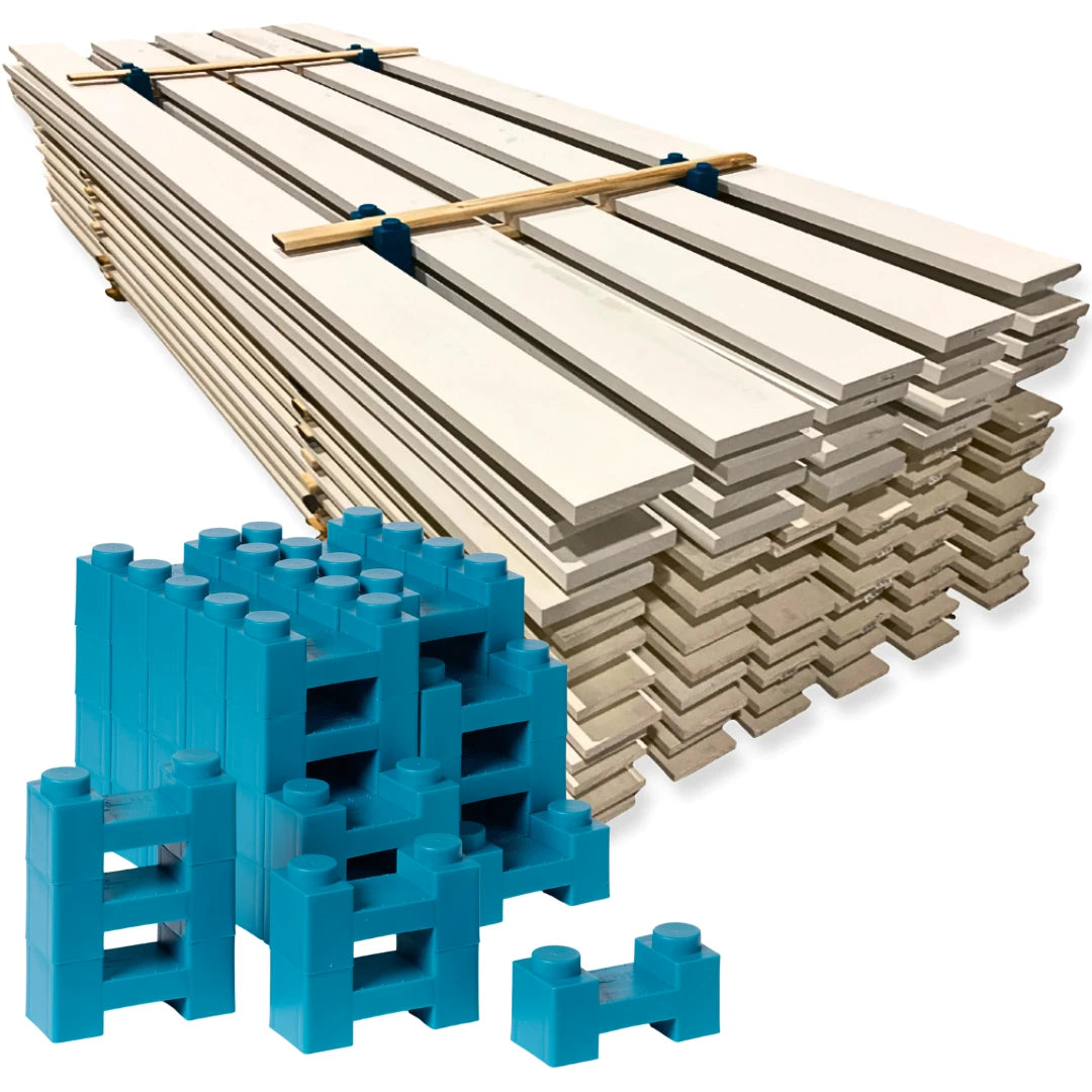 Pro 48 paint drying rack: painted boards stacked on PaintBlox Pro Blox with furring strips as stickers