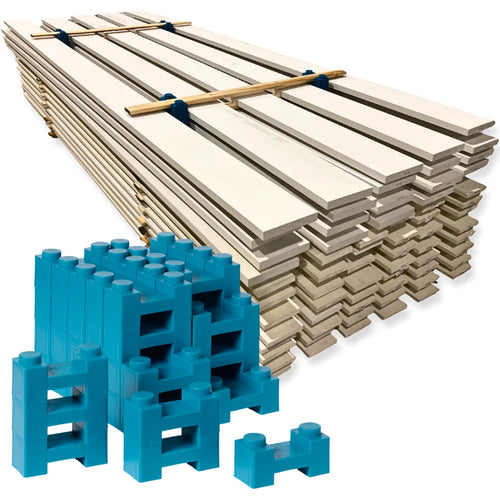 Pro 48 paint drying rack: painted boards stacked on PaintBlox Pro Blox with furring strips as stickers