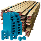 Shop 96 paint drying rack: stained boards stacked on PaintBlox Pro Blox with furring strips as stickers
