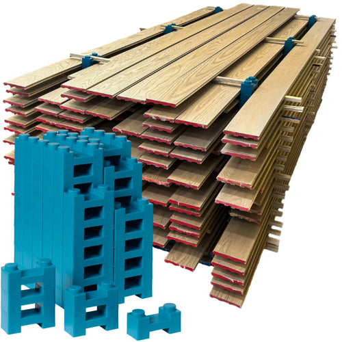 Shop 96 paint drying rack: stained boards stacked on PaintBlox Pro Blox with furring strips as stickers