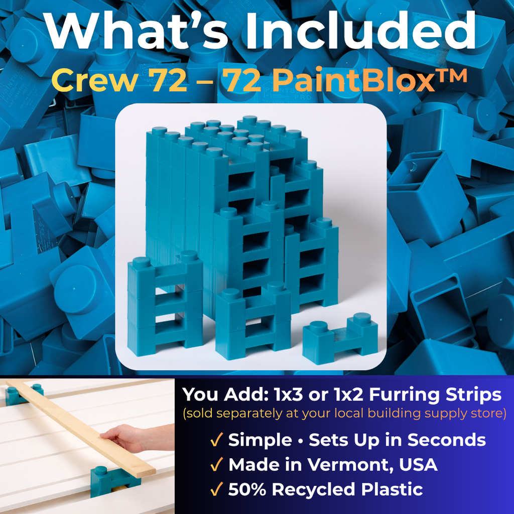 What's included in the Crew 72 kit: 72 PaintBlox. You add 1x3 or 1x2 furring strips, sold separately at your local building supply store. Simple, sets up in seconds. Made in Vermont, USA, with 50% recycled plastic.
