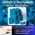 What's included in the Crew 72 kit: 72 PaintBlox. You add 1x3 or 1x2 furring strips, sold separately at your local building supply store. Simple, sets up in seconds. Made in Vermont, USA, with 50% recycled plastic.