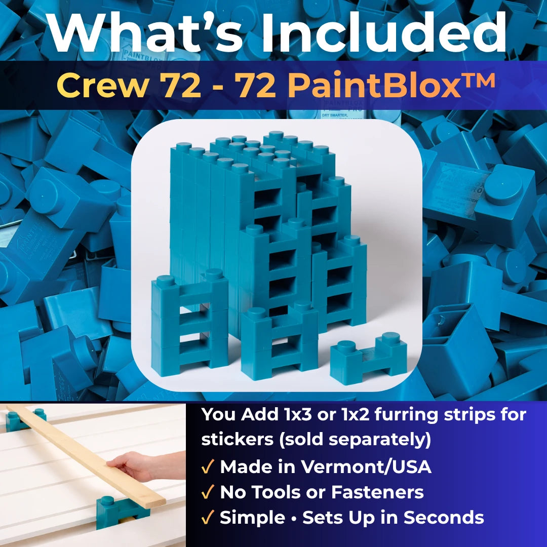 What's included in the Crew 72 kit: 72 PaintBlox. 1x3 or 1x2 furring strips sold separately.