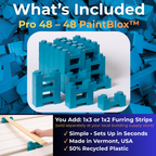 What's included in the Pro 48 kit: 48 PaintBlox. You add 1x3 or 1x2 furring strips, sold separately at your local building supply store. Simple, sets up in seconds. Made in Vermont, USA, with 50% recycled plastic.