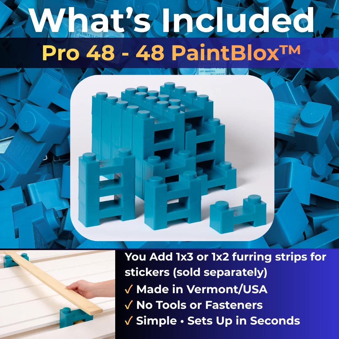 What's included in the Pro 48 kit: 48 PaintBlox. 1x3 or 1x2 furring strips sold separately.