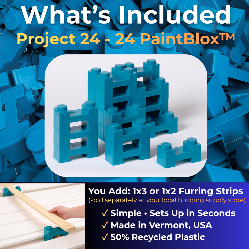 What's included in the Project 24 kit: 24 PaintBlox. You add 1x3 or 1x2 furring strips, sold separately at your local building supply store. Simple, sets up in seconds. Made in Vermont, USA, with 50% recycled plastic.