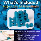 What's included in the Project 24 kit: 24 PaintBlox. You add 1x3 or 1x2 furring strips, sold separately at your local building supply store. Simple, sets up in seconds. Made in Vermont, USA, with 50% recycled plastic.