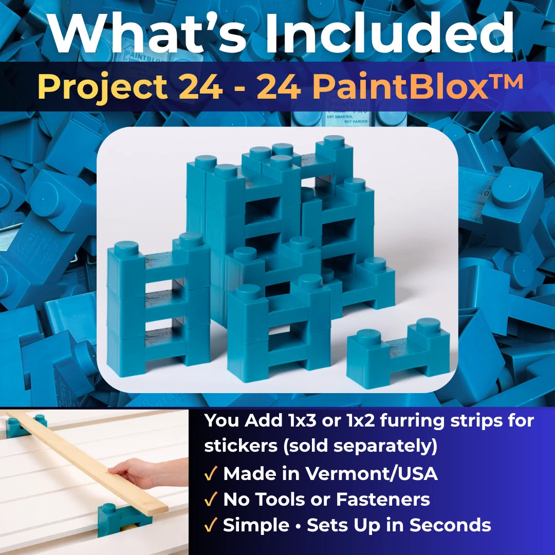 What's included in the Project 24 kit: 24 PaintBlox. 1x3 or 1x2 furring strips sold separately.