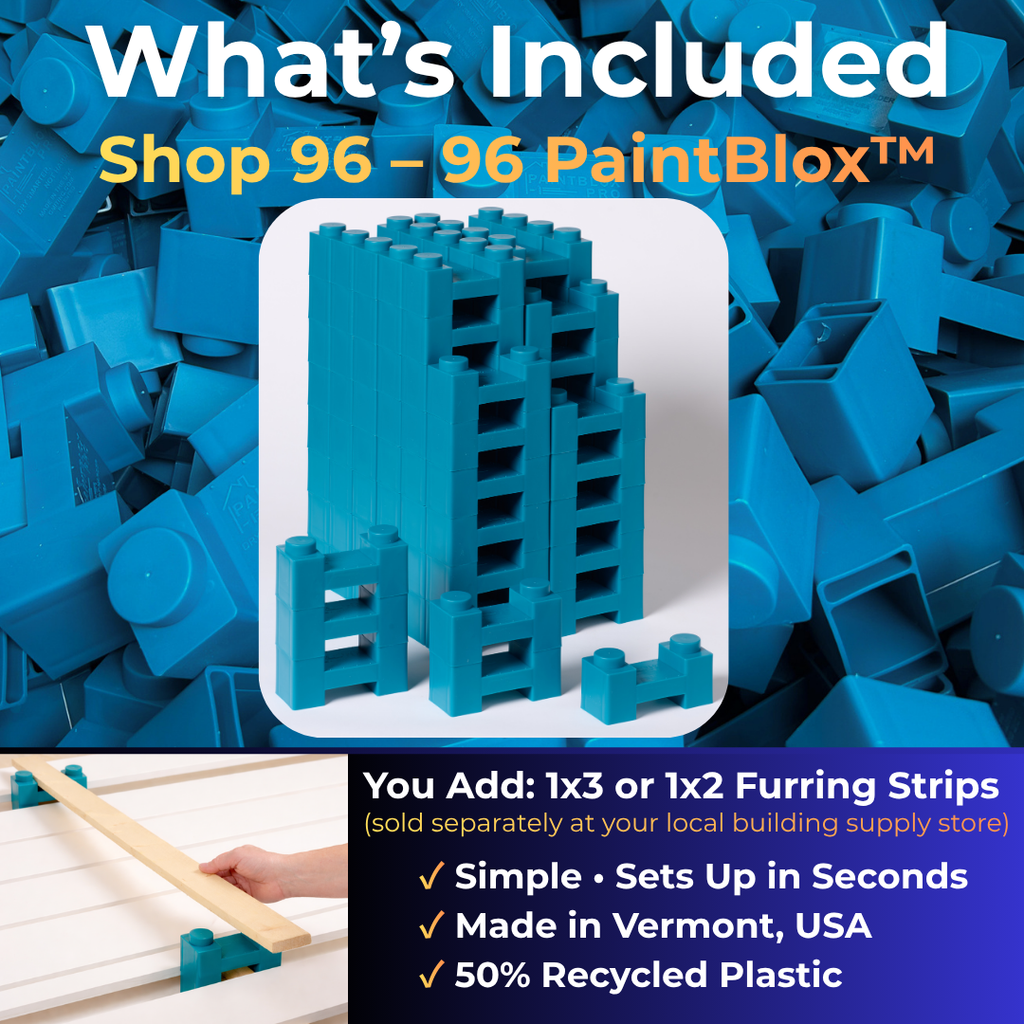 What's included in the Shop 96 kit: 96 PaintBlox. You add 1x3 or 1x2 furring strips, sold separately at your local building supply store. Simple, sets up in seconds. Made in Vermont, USA, with 50% recycled plastic.