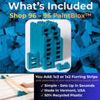 What's included in the Shop 96 kit: 96 PaintBlox. You add 1x3 or 1x2 furring strips, sold separately at your local building supply store. Simple, sets up in seconds. Made in Vermont, USA, with 50% recycled plastic.