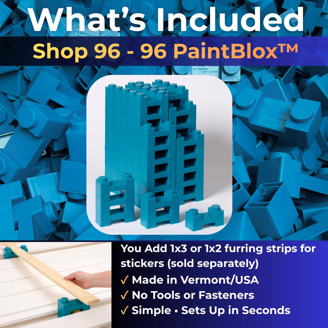 What's included in the Shop 96 kit: 96 PaintBlox. 1x3 or 1x2 furring strips sold separately.