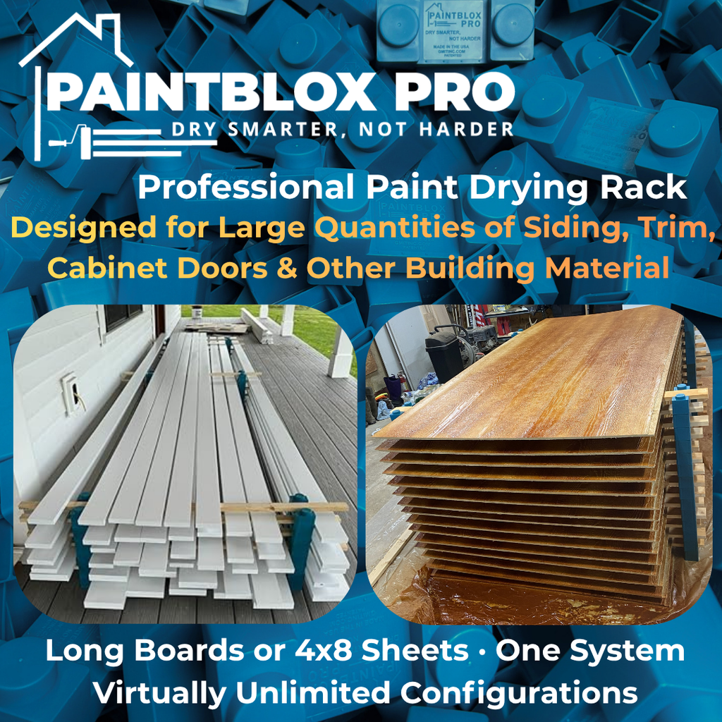 PaintBlox Pro professional paint drying rack for siding, trim, cabinet doors and other building material. Long boards or 4x8 sheets in one system, virtually unlimited configurations.