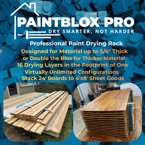 PaintBlox Pro professional paint drying rack: no tools or fasteners, 16 drying layers in the footprint of one, made in USA with 50% recycled plastic, stacks 20 ft trim to 4x8 sheet goods